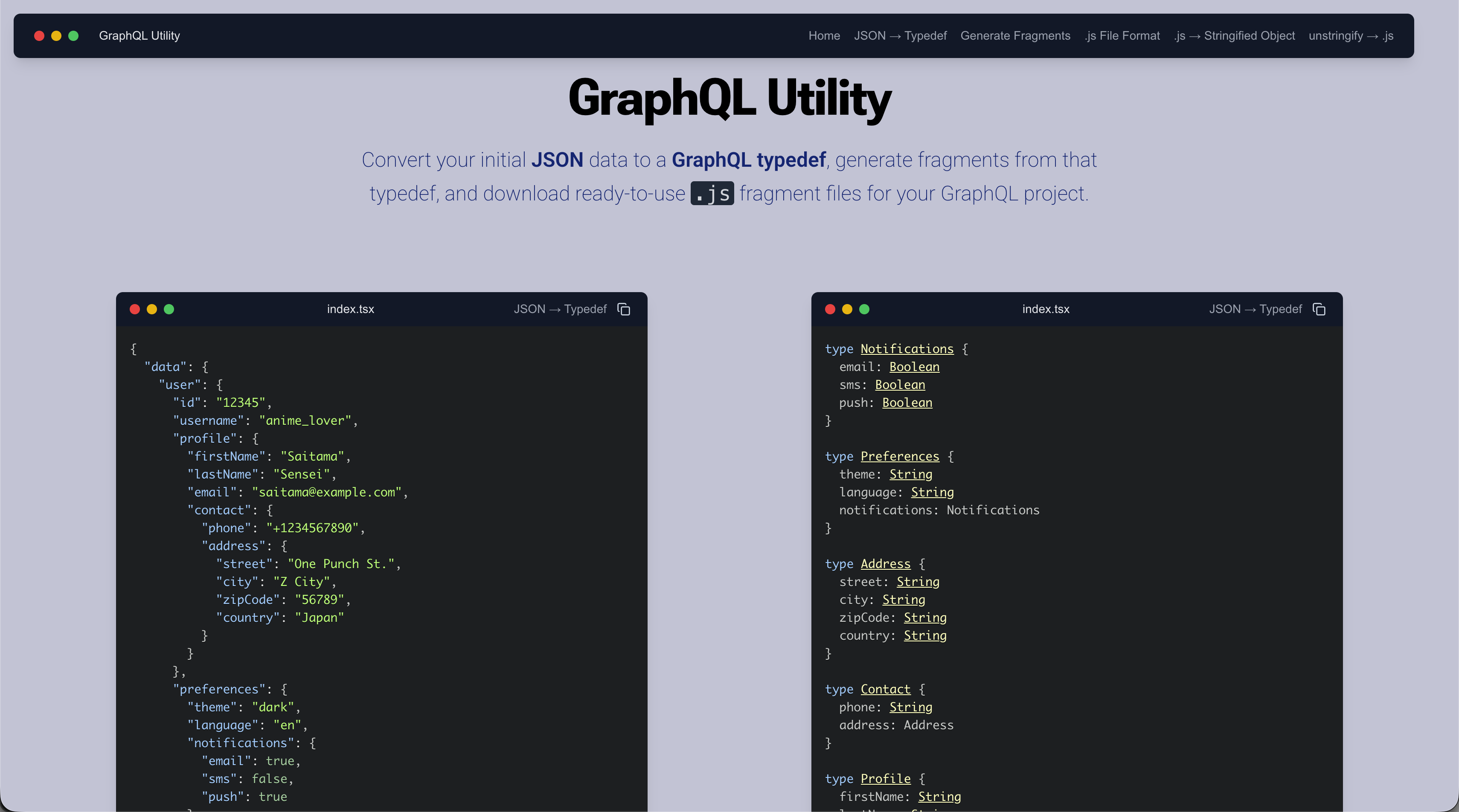 GraphQL Utility browser mockup
